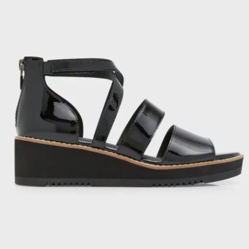 EILEEN FISCHER Women's Darcy Black Patent Crisscross Wedge Sandals NIB Sz 7.5